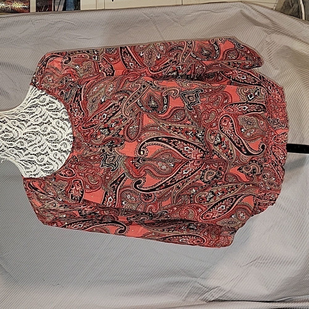 CATHY DANIELS Women's Bohemian Chic‎ Paisley Sheer Balloon Sleeve Blouse L Rust